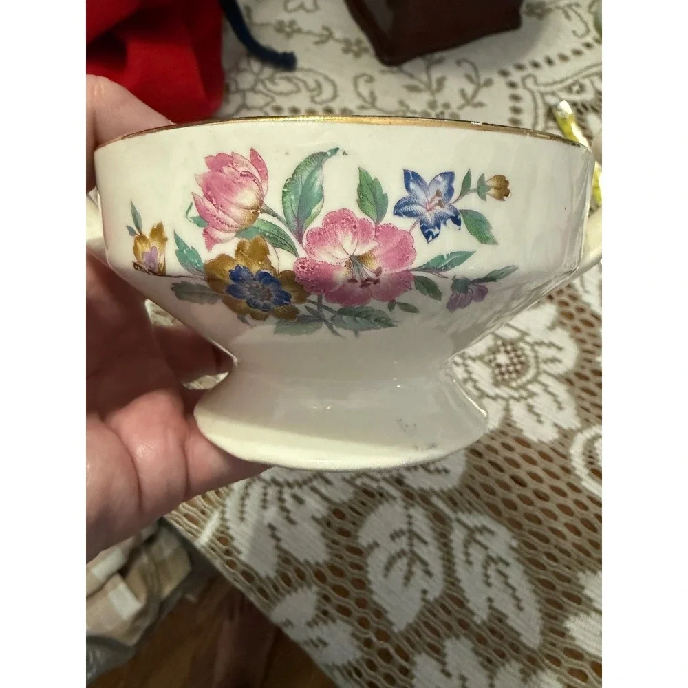 Vintage Floral Footed Sugar Bowl Gold Trim Cream Ceramic Double Handle Dish